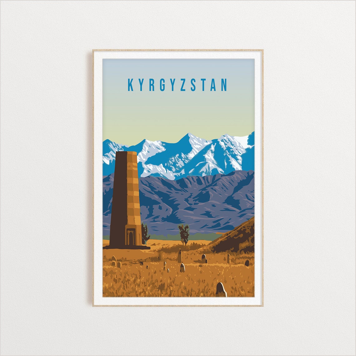 Kyrgyzstan Vintage Travel Art Burana Tower Snow Mountain Poster