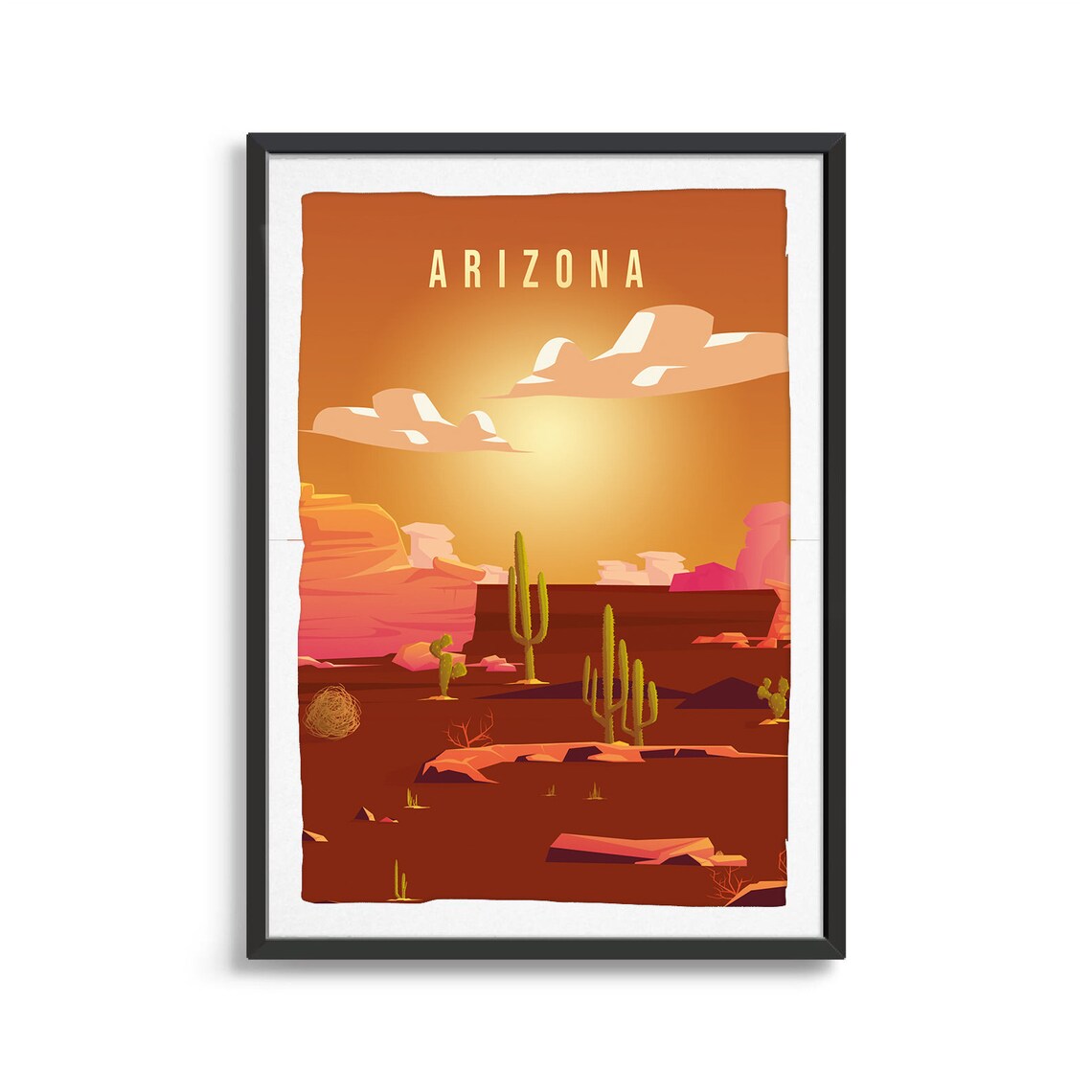 Arizona Desert Saguaro Cactus Sunset Mesas Travel Poster Art