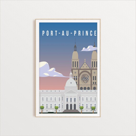 Port Au Prince Cathedral Towers Historic Vintage Travel Poster