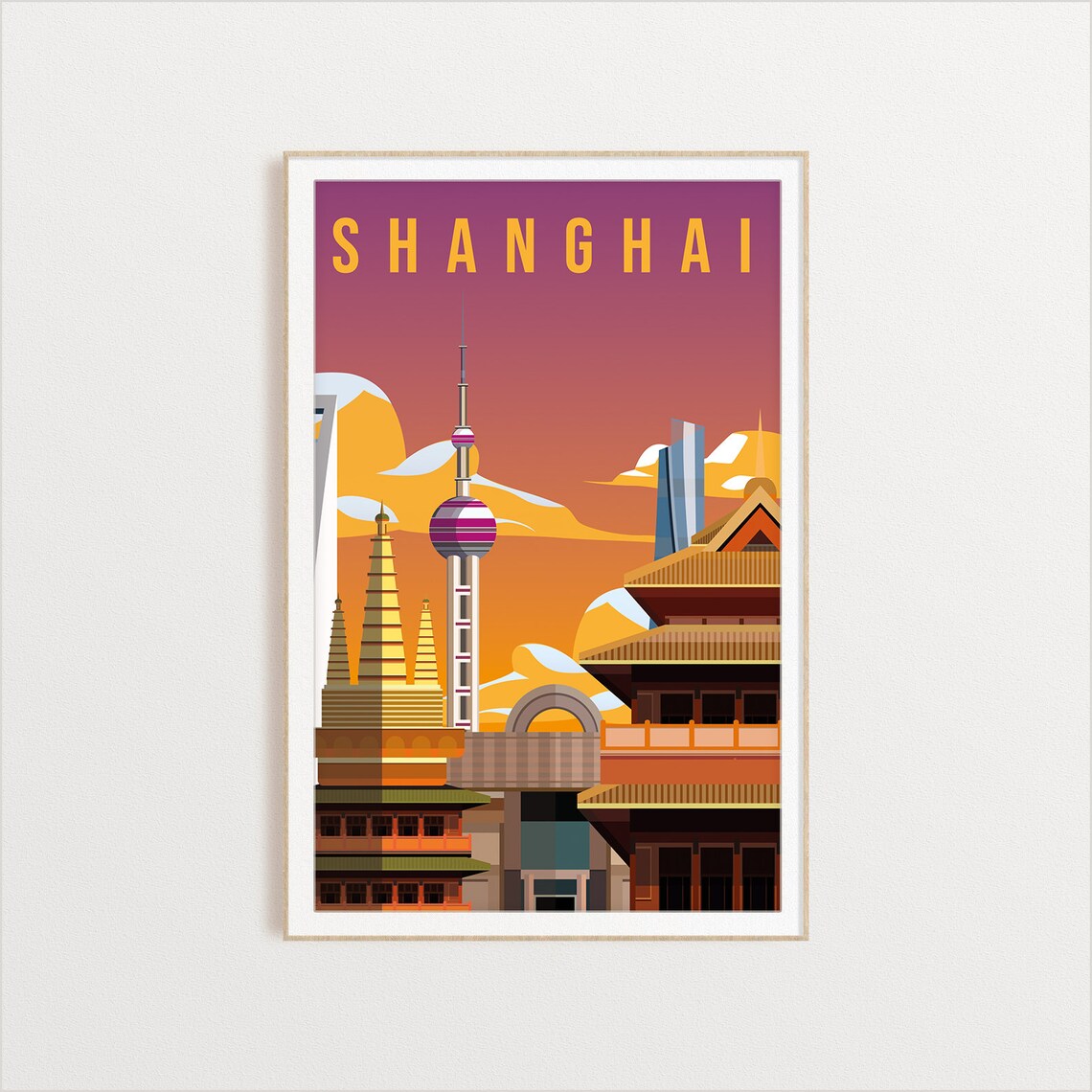 Shanghai Oriental Pearl Tower Pagoda Vintage China Travel Poster - Image 2
