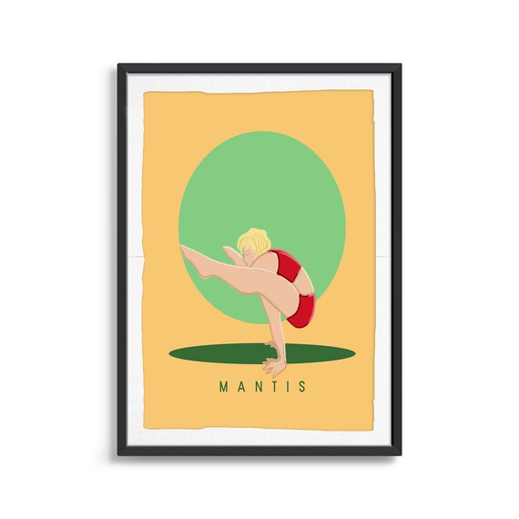 Mantis Retro Yoga Arm Balance Sun Circle Flat Illustration Print