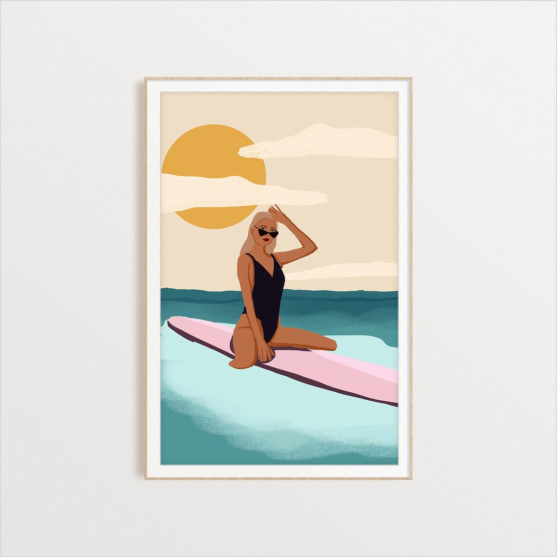 Surfer Girl Resting on Her Pink Board Art Print
