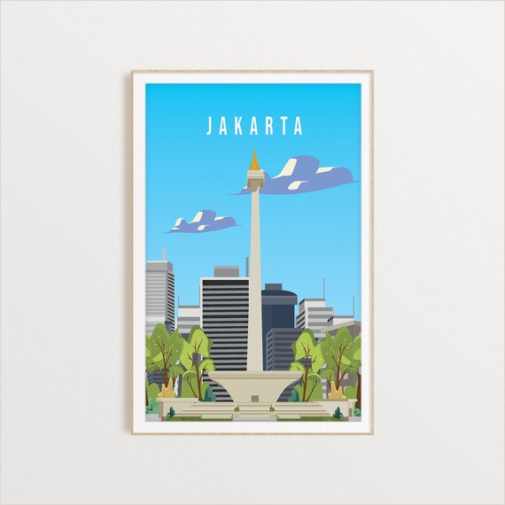 Jakarta National Monument Tower Skyline Vintage Indonesia Travel Poster