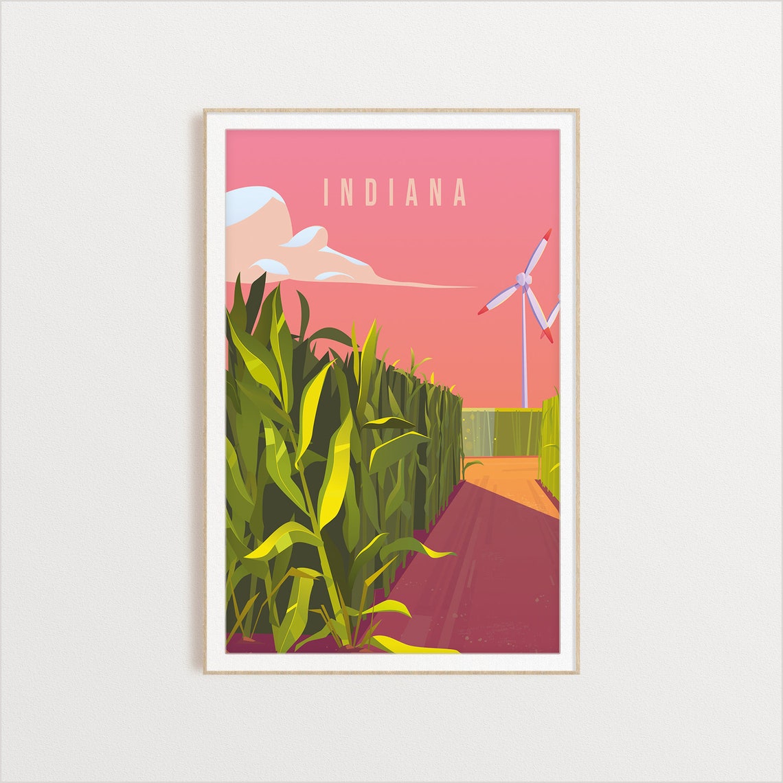 Indiana Cornfield Farm Scene Wind Turbine Sunset Travel Poster - Image 2