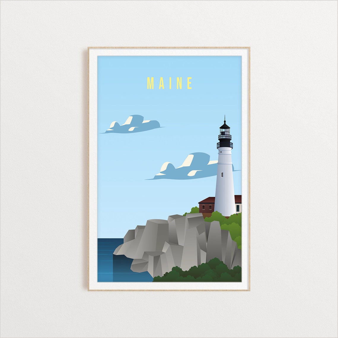 Maine Lighthouse Rocky Coast Nautical Landscape Vintage Travel Poster