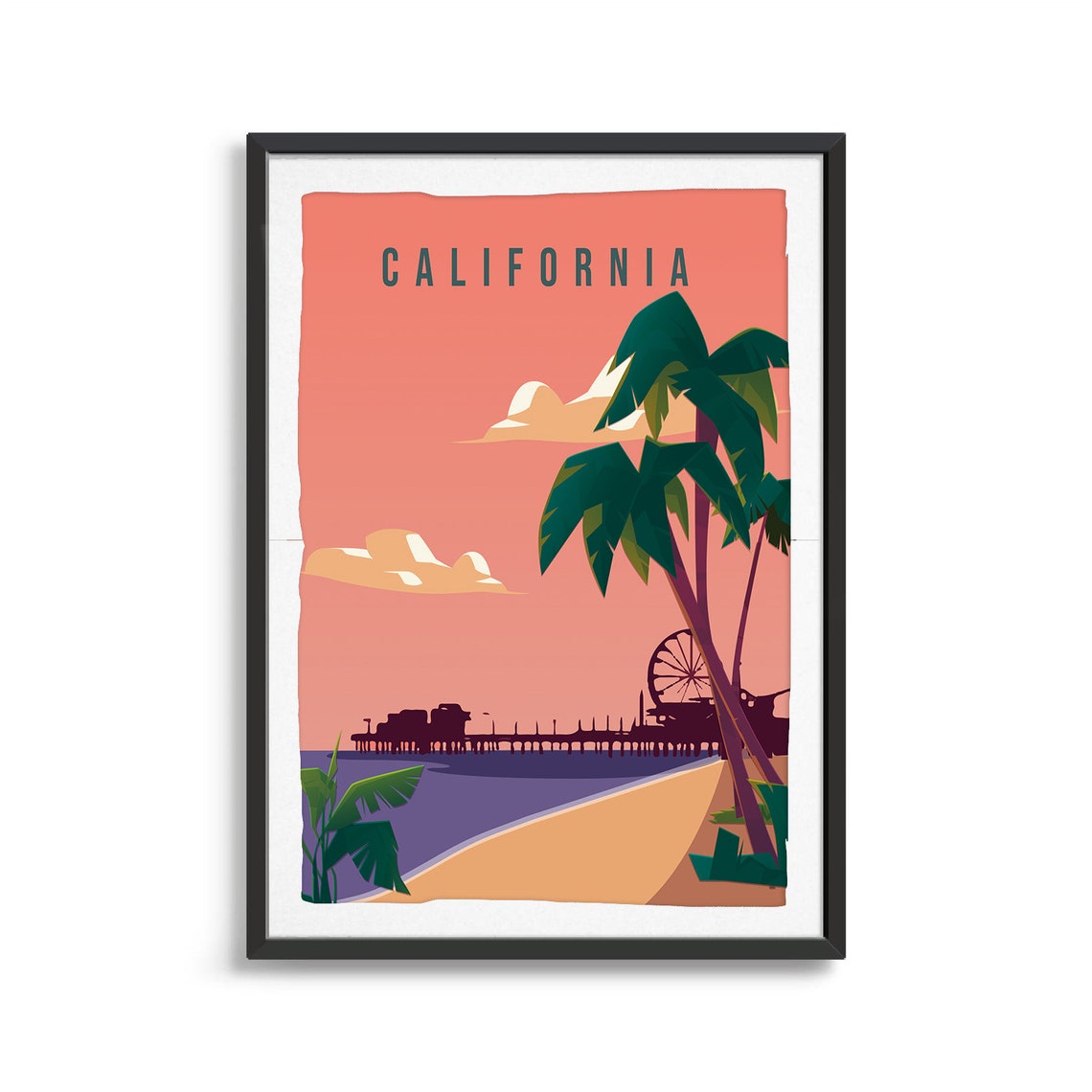 California Beach Pier Ferris Wheel Sunset Palm Travel Poster