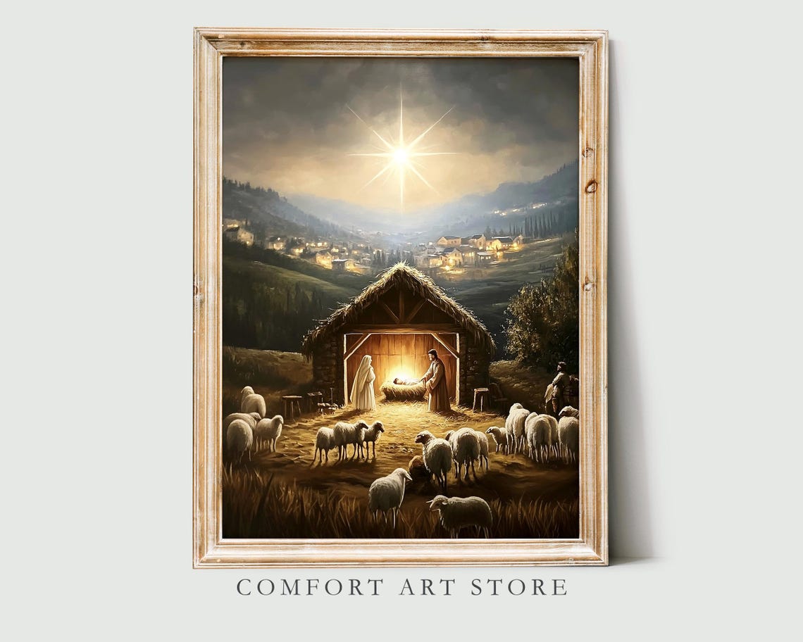 Nativity Scene with Shepherds Sheep and Bethlehem Star Poster