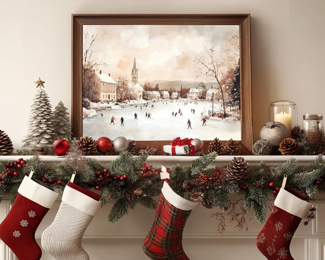 Vintage Ice Skating Winter Village Frozen Lake Christmas Scene Poster - Image 4