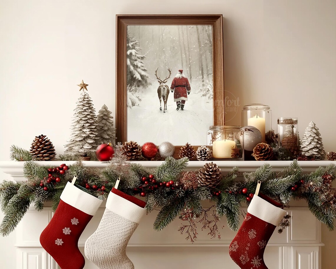 Santa Claus and Reindeer in a Sepia Toned Snowy Forest Poster - Image 7