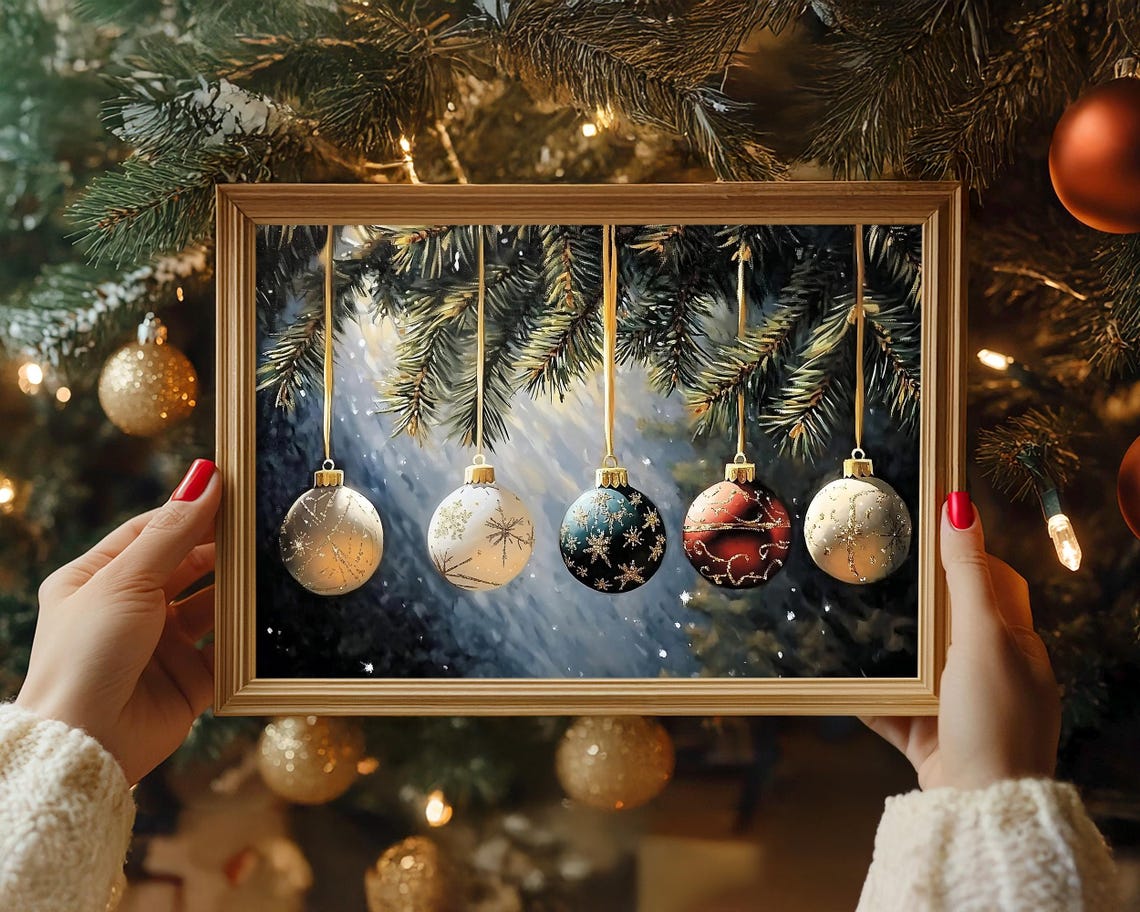 Five Christmas Ornaments Hanging on Snowy Pine Branches Poster - Image 3
