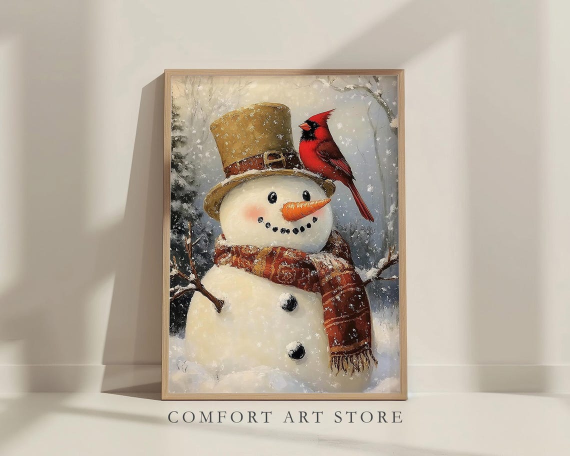 Snowman with Top Hat and Red Cardinal in Snowy Forest Wall Art - Image 8