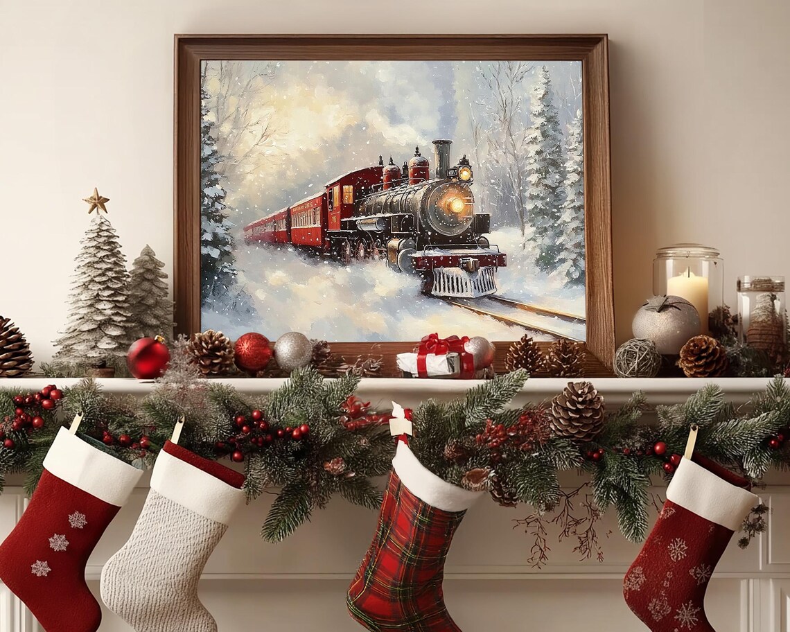 Vintage Red Steam Train Crossing Snow Covered Woods Wall Art - Image 6