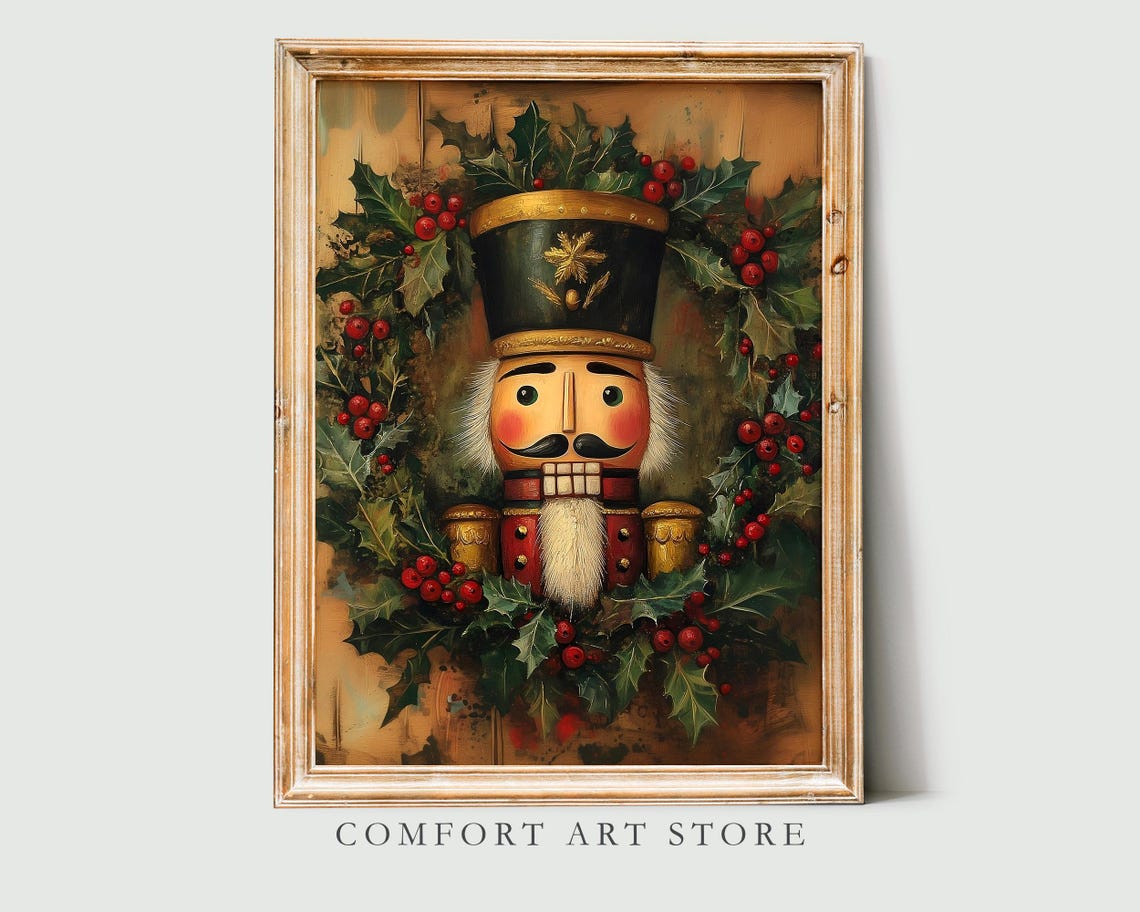 Nutcracker Portrait Surrounded by Holly and Red Berries Wall Art