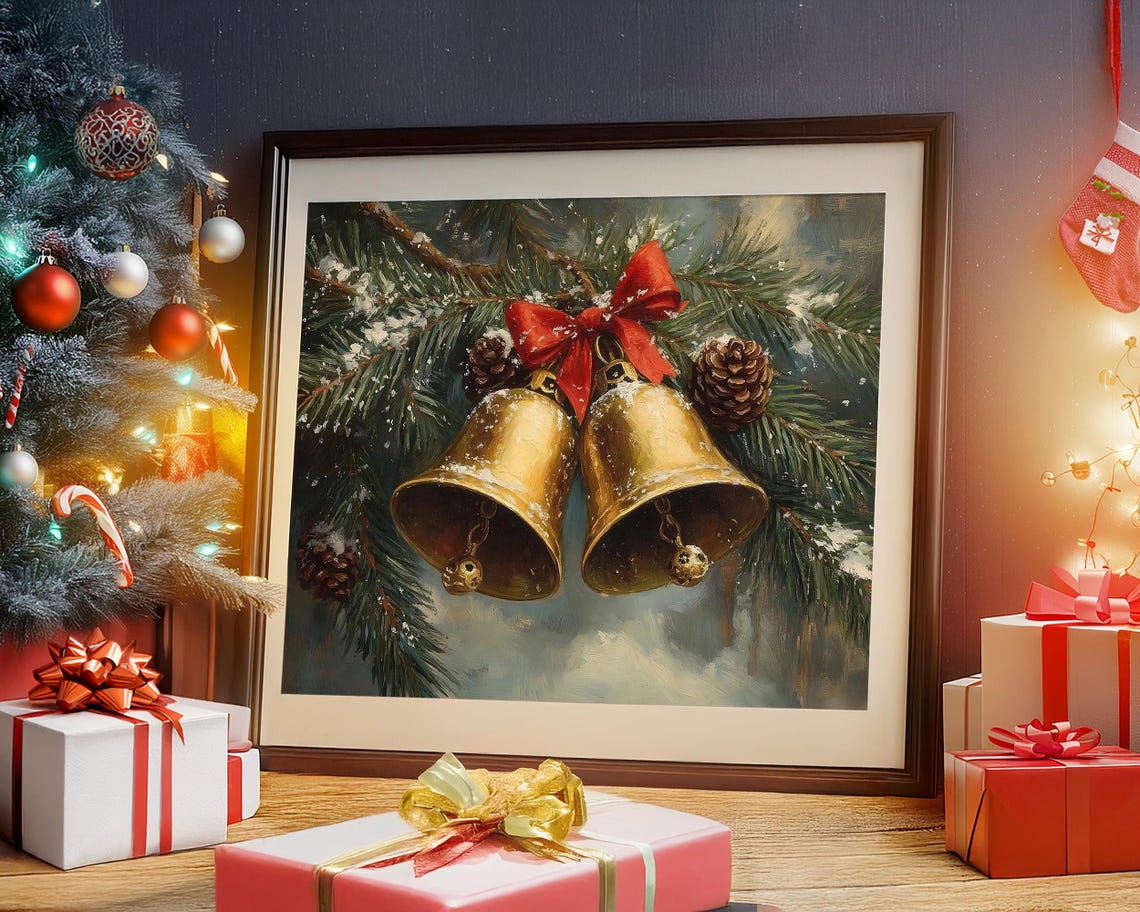 Golden Christmas Bells with Red Bow on Snowy Pine Branches Wall Art - Image 5