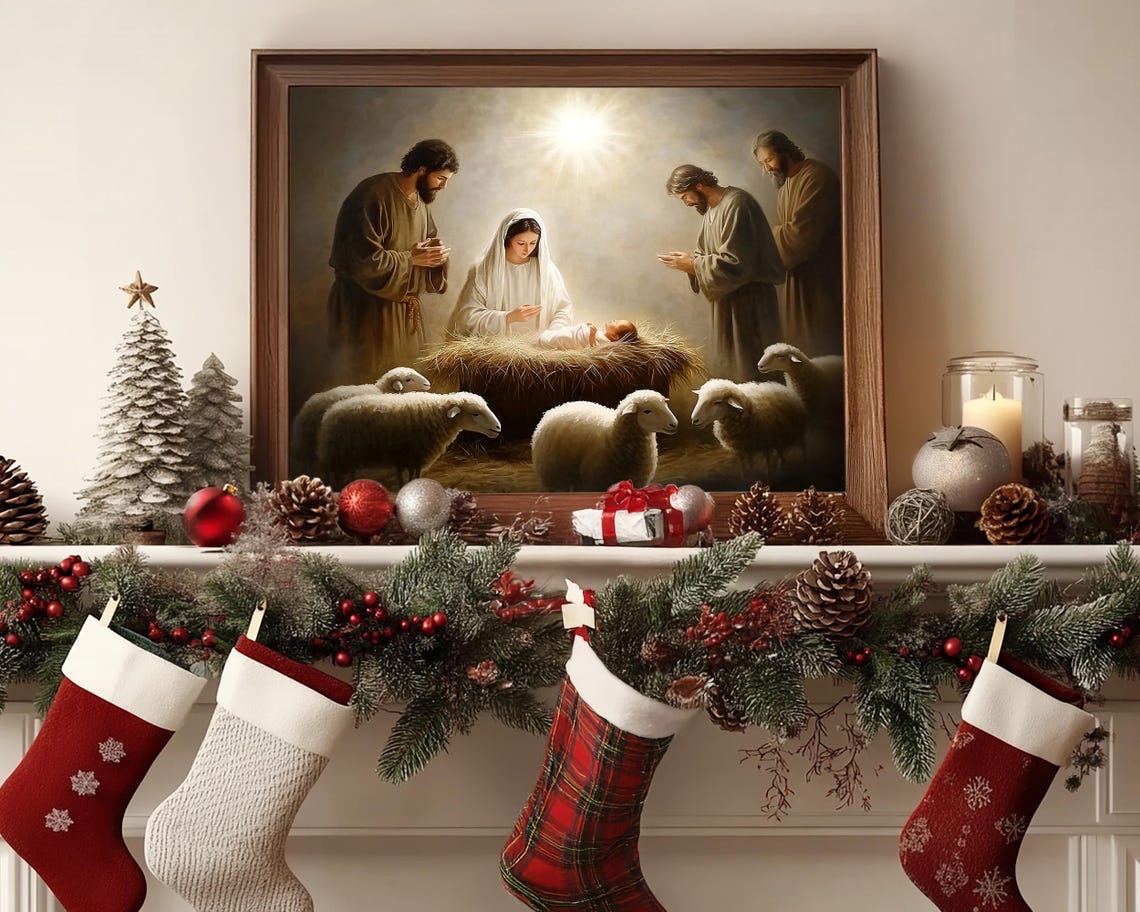 Holy Family Nativity Scene with Shepherds and Sheep Art Poster - Image 7