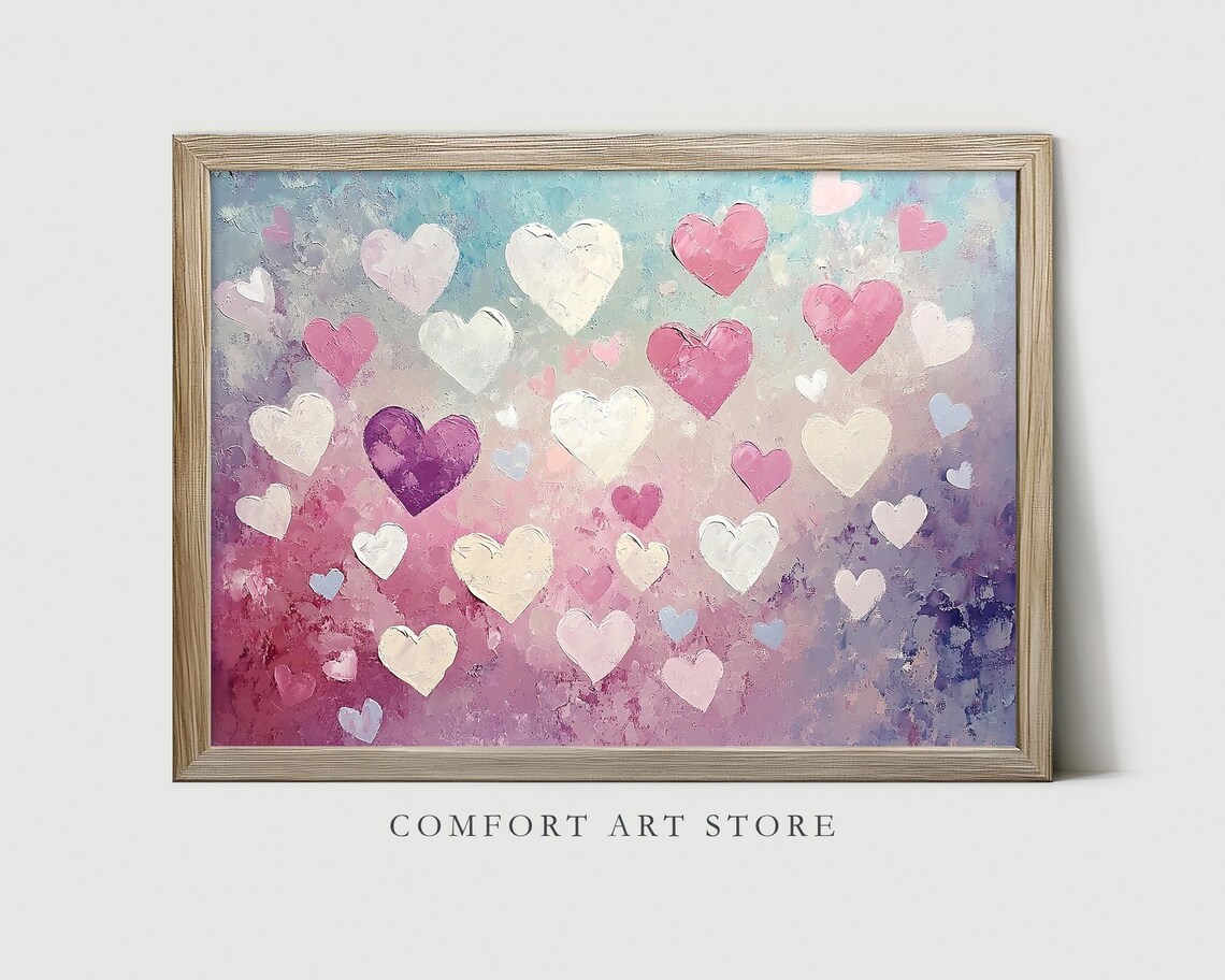 Valentines Pink Lavender Hearts Impasto Painting Pastel Wall Art - Image 2