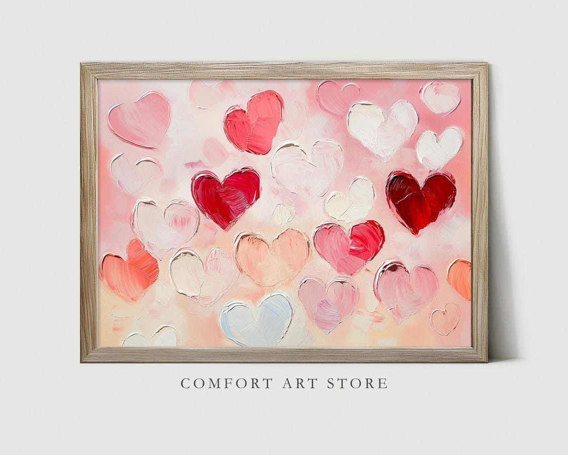 Red Pink Impasto Hearts Textured Romantic Valentine Wall Art Poster - Image 2