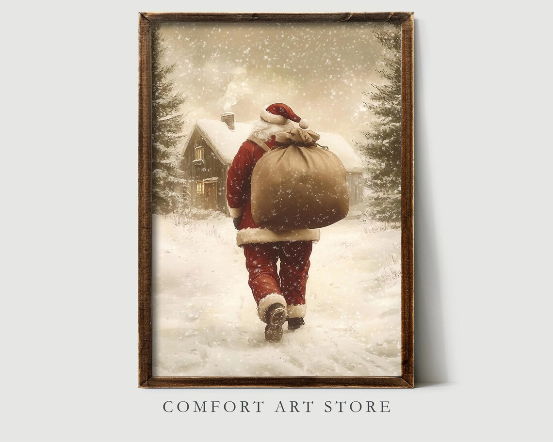 Santa Claus Print Vintage Christmas Wall Art Antique Santa Painting Winter Landscape Holiday Decor Christmas Gift Santa Wall Art - Image 2