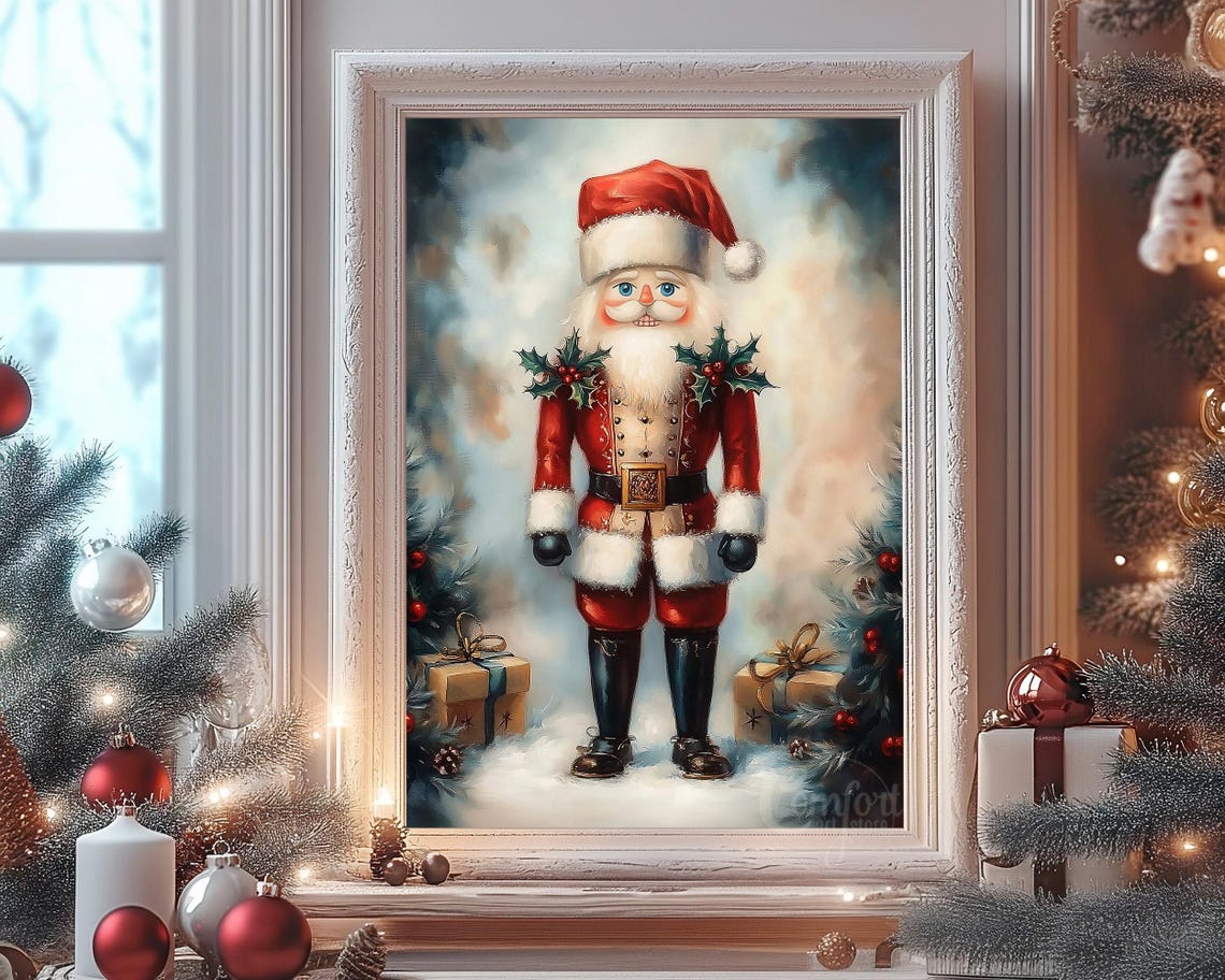 Nutcracker Soldier Wearing Santa Hat with Holly Sprigs Wall Art - Image 8