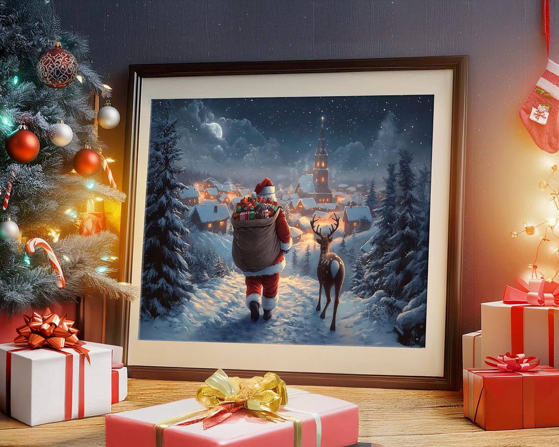 Christmas Wall Art Santa Claus Reindeer Print Dark Academia Winter Village Scene Snowy Holiday Decor Vintage Christmas Painting - Image 2