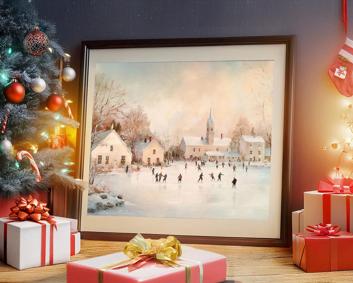 Frozen Pond Ice Skating Scene in Snowy Village Winter Wall Art - Image 3