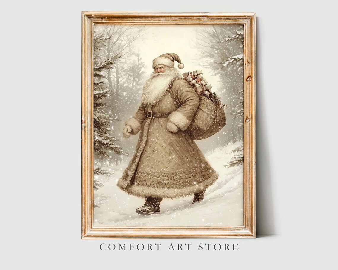 Santa Claus Walking Snowy Forest Gifts Sack Vintage Sepia Oil Poster