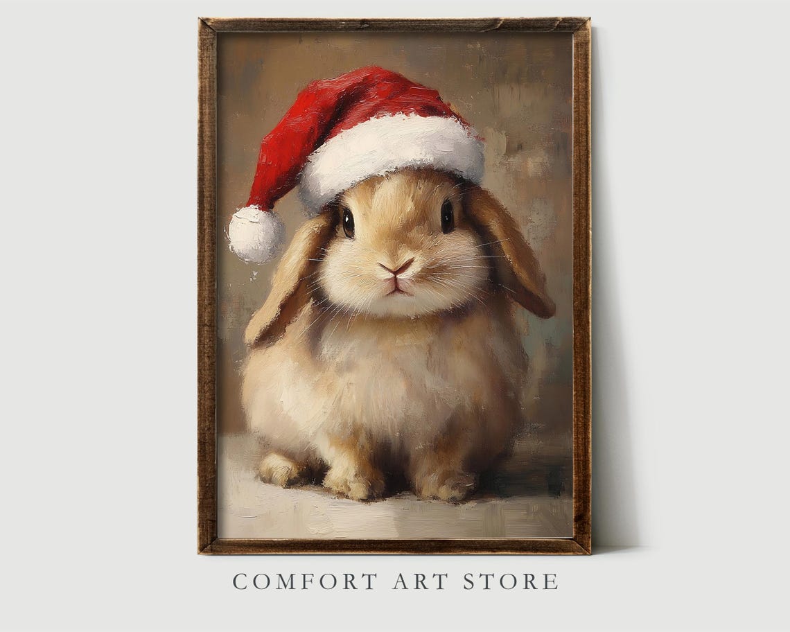 Precious Sweet Lop Eared Bunny in Santa Hat Holiday Art Poster - Image 2