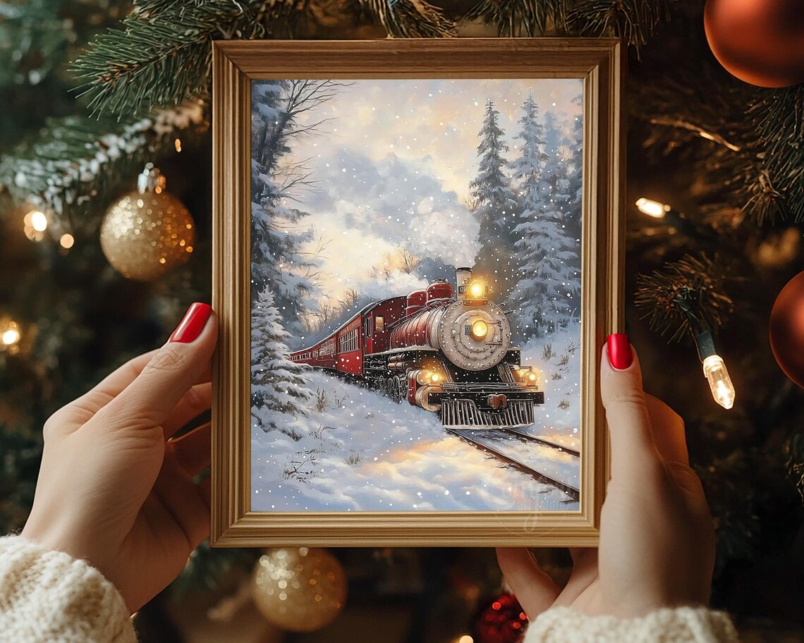 Red Locomotive with Glowing Headlamp in Snowy Pines Wall Art - Image 6