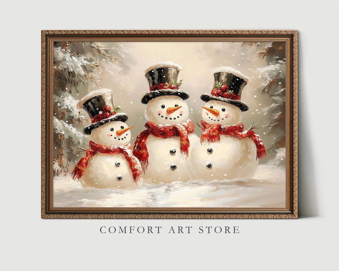 Jolly Three Happy Snowmen with Top Hats and Red Scarves Poster - Image 3