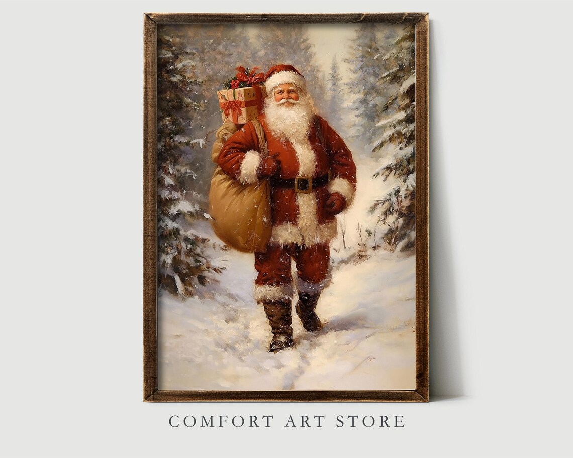 Santa Claus Carrying a Sack of Gifts Through Snowy Woods Poster - Image 2