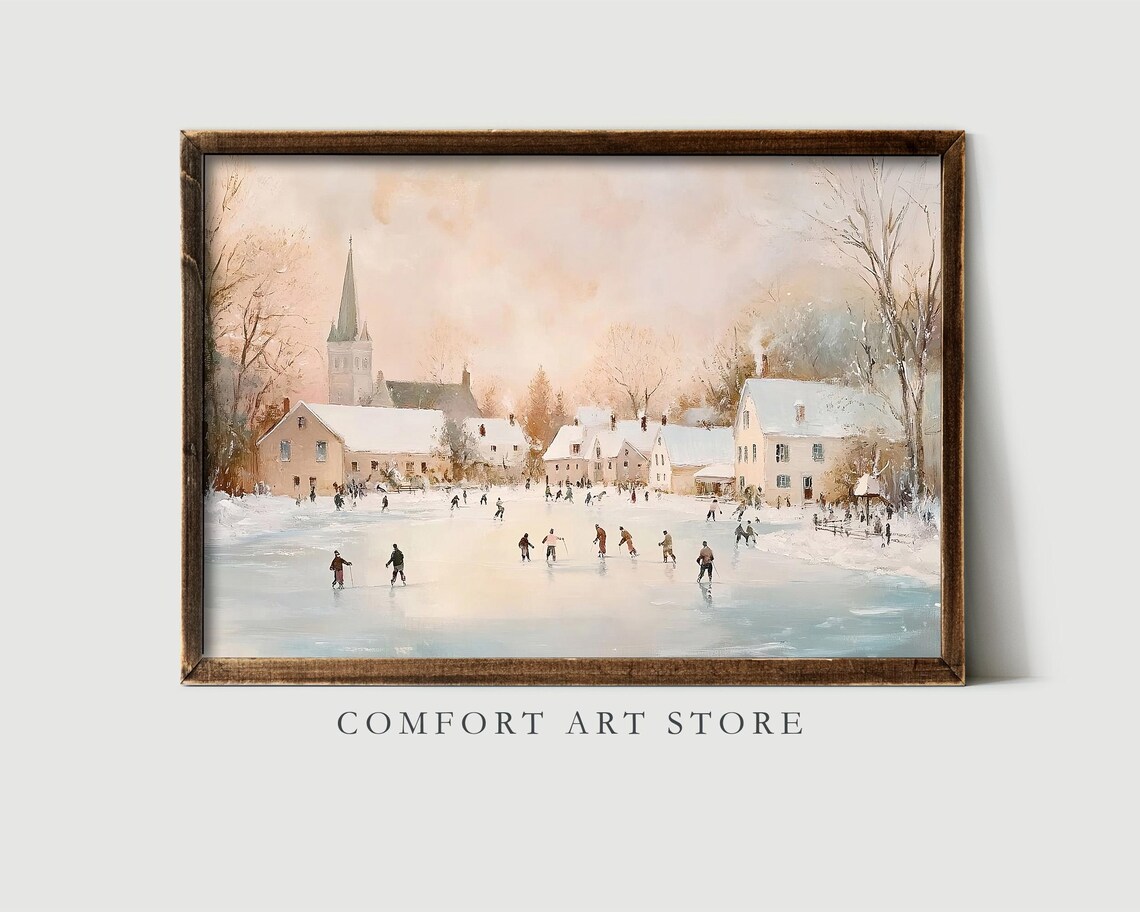 Winter Skaters on Frozen Lake by Village Church Steeple Wall Art - Image 8
