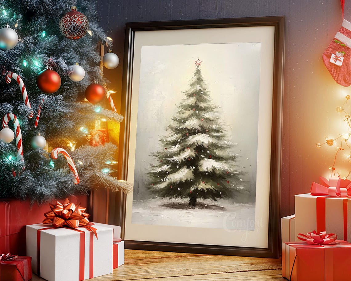 Vintage Snowy Christmas Tree With Red Berries And Gold Star Wall Art - Image 3