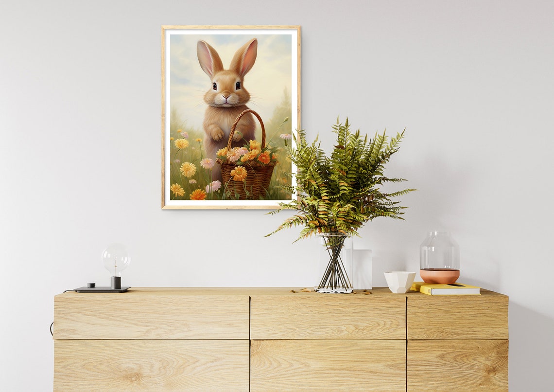 Cute Easter Bunny Spring Print Floral Easter Basket Easter Rabbit Easter Vintage Decor Wildflower Easter Farmhouse Wall Art - Image 3