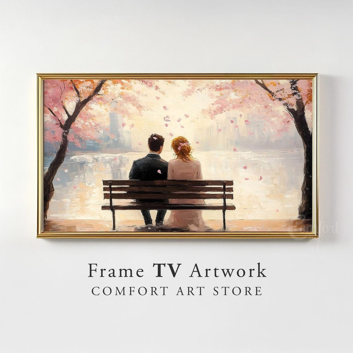 Couple Bench Blossom Trees City Sunset Romantic Painting Decor Poster - Image 3