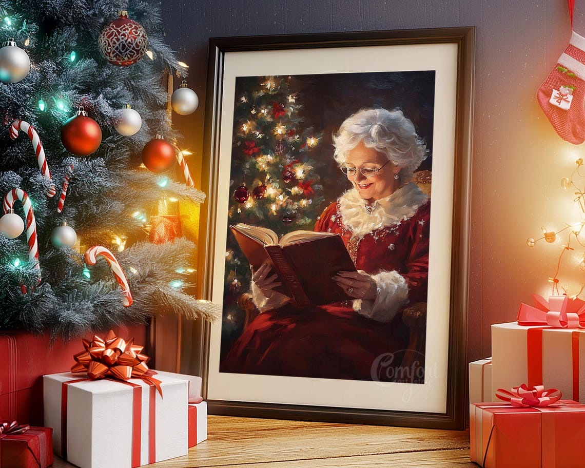 Mrs Claus Reading a Book by a Warmly Lit Christmas Tree Wall Art - Image 5