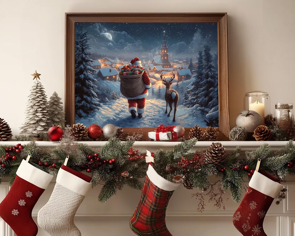 Santa Claus and Reindeer Walking to a Snowy Village Night Poster - Image 6