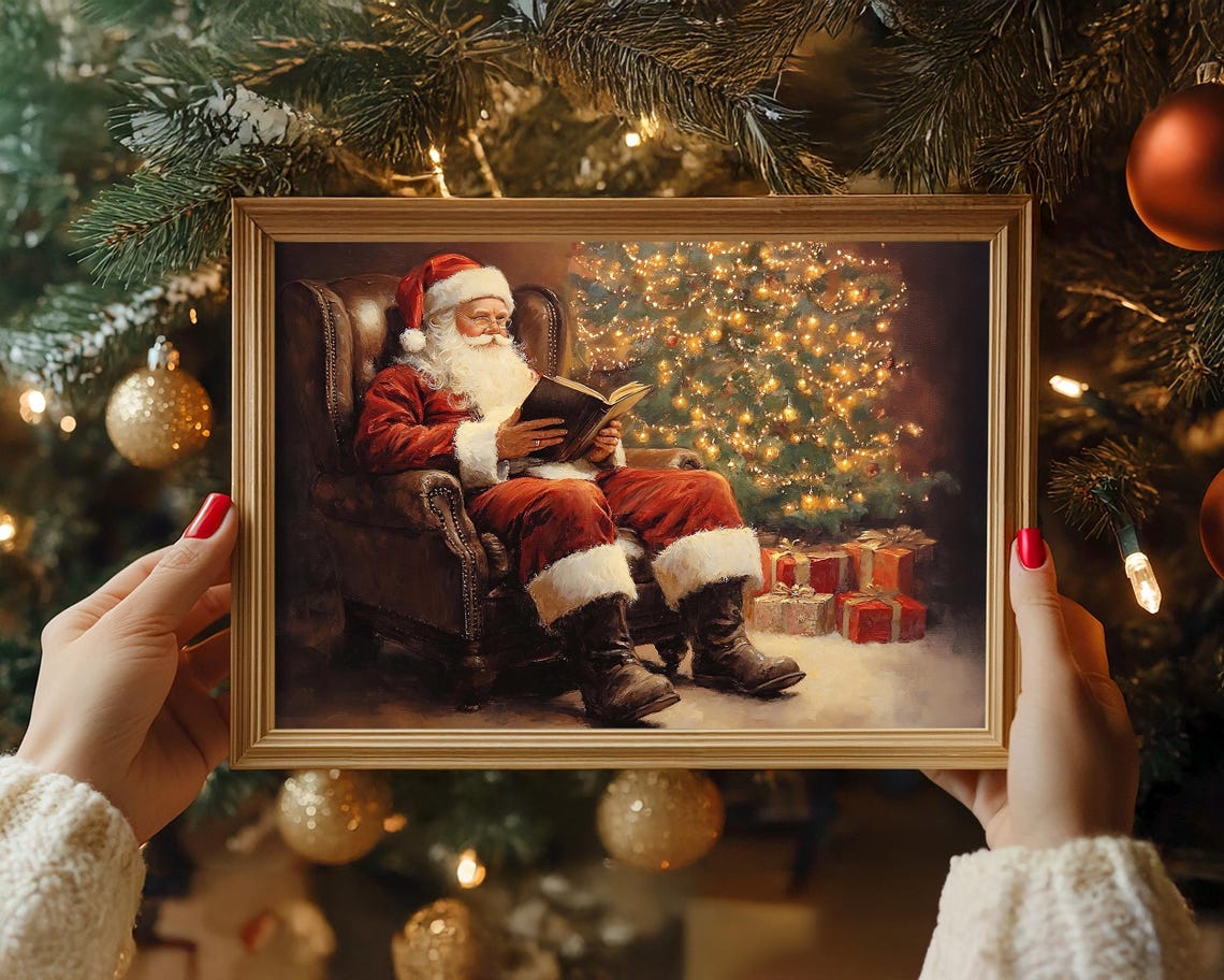 Jolly Santa Claus Reading a Book Beside Lit Christmas Tree Poster - Image 3