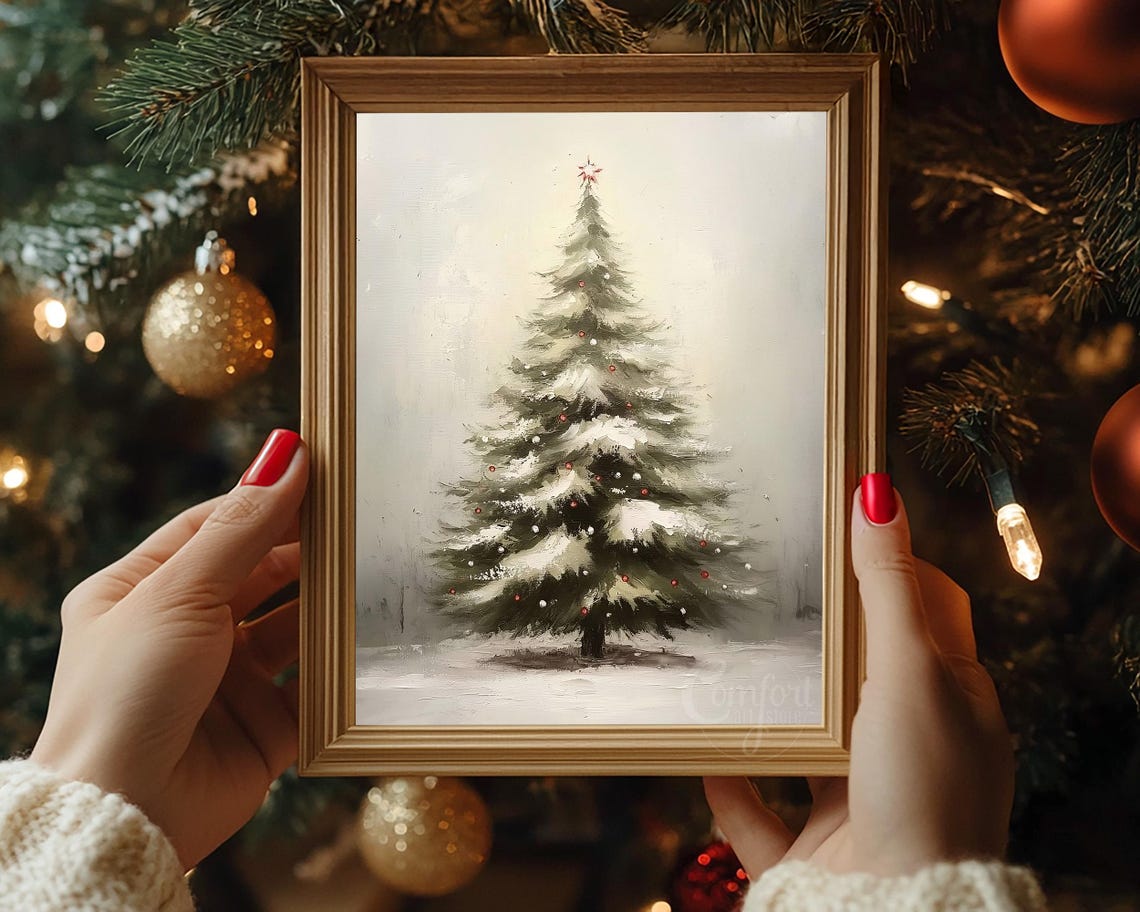 Vintage Snowy Christmas Tree With Red Berries And Gold Star Wall Art - Image 2