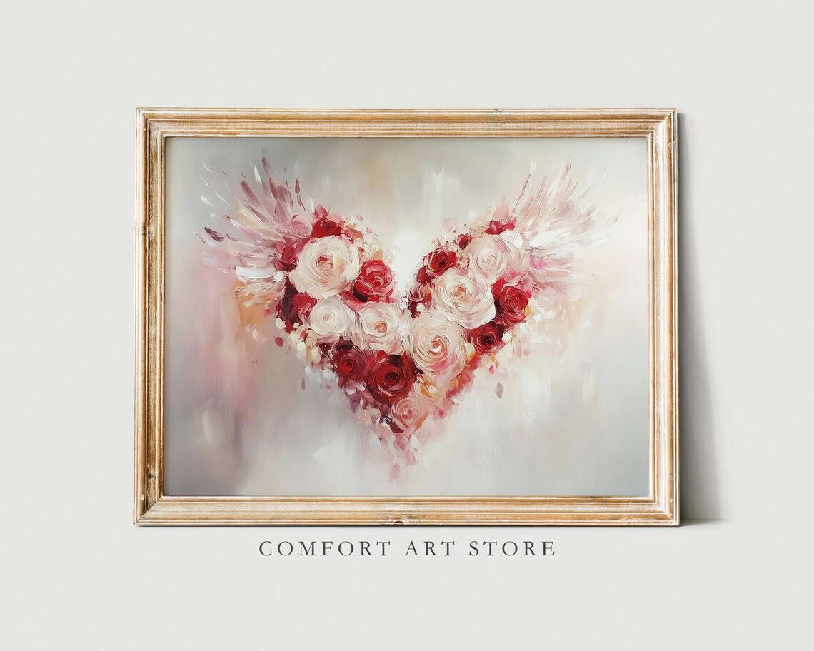 Valentines Rose Heart With Wings Vintage Floral Romantic Wall Art - Image 5