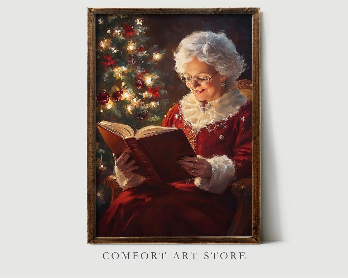 Mrs Claus Reading a Book by a Warmly Lit Christmas Tree Wall Art - Image 8