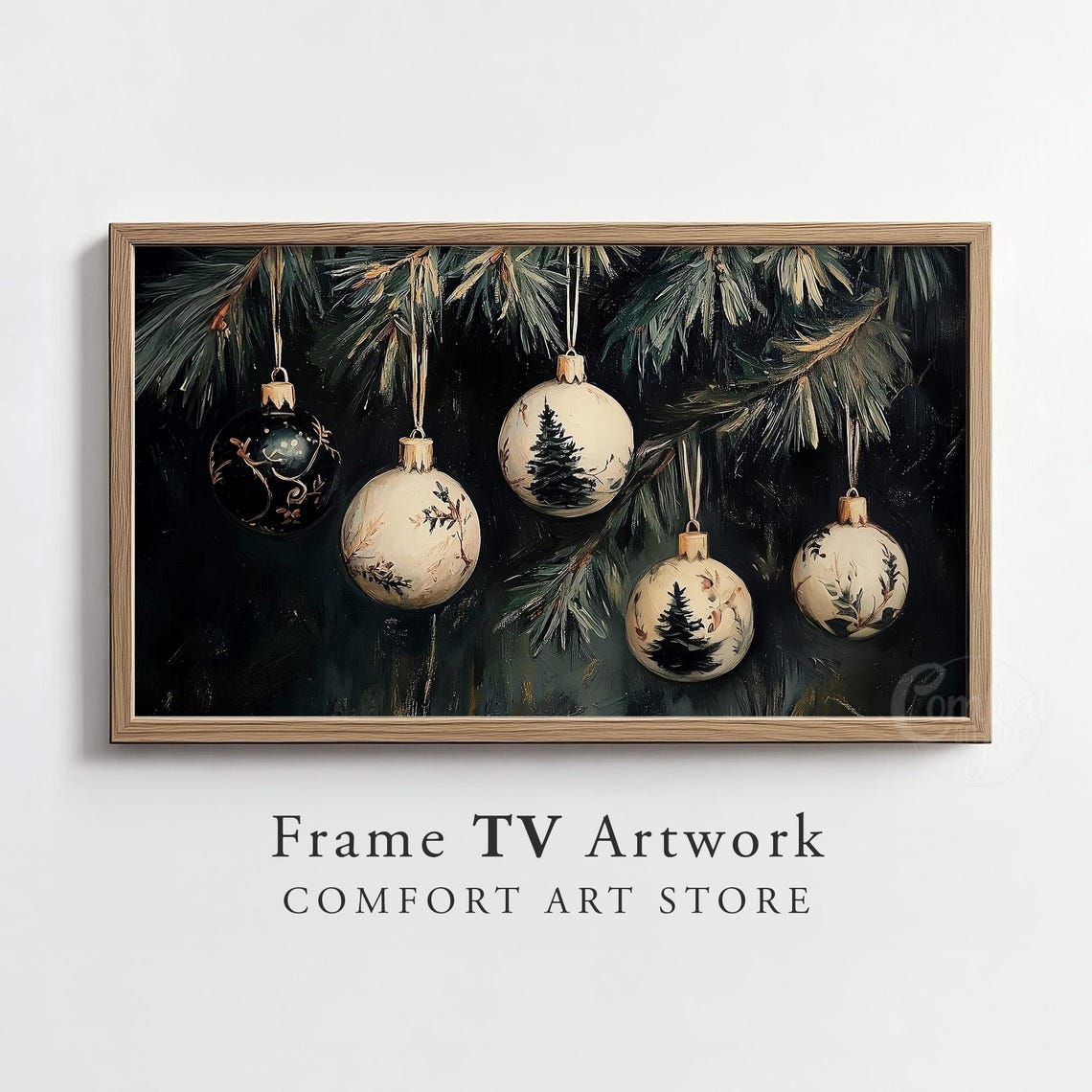 Christmas Ornaments Hanging on Dark Pine Branches Moody Poster