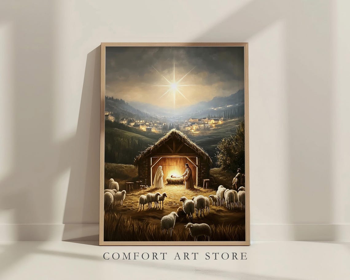 Nativity Scene with Shepherds Sheep and Bethlehem Star Poster - Image 6