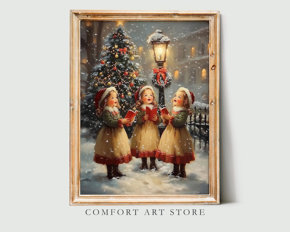 Victorian Girls Caroling in the Snow Vintage Christmas Poster