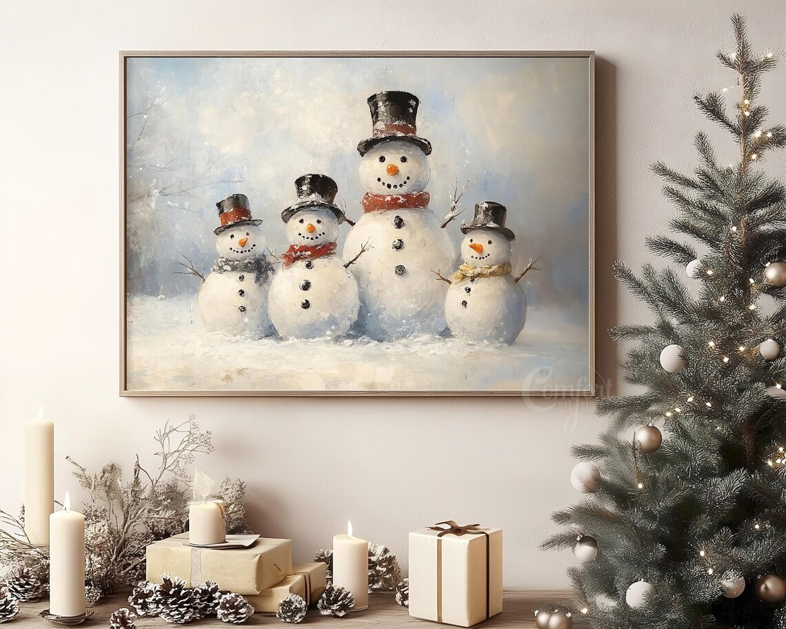 Four Happy Snowmen Wearing Top Hats in Snowy Winter Scene Poster - Image 8