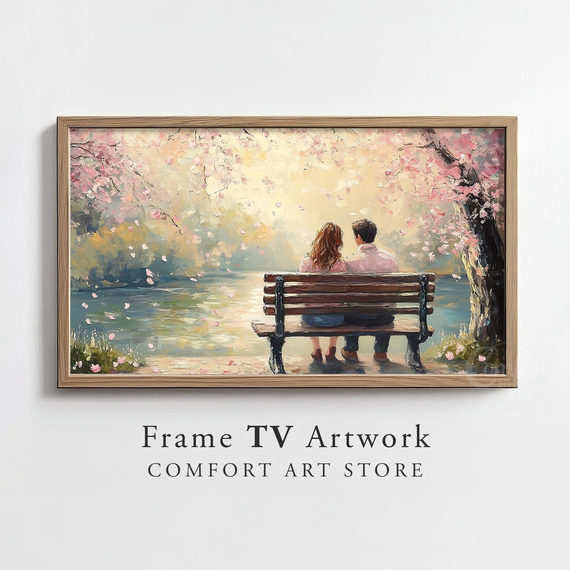 Couple Bench Cherry Blossom River Romantic Painting Decor Poster