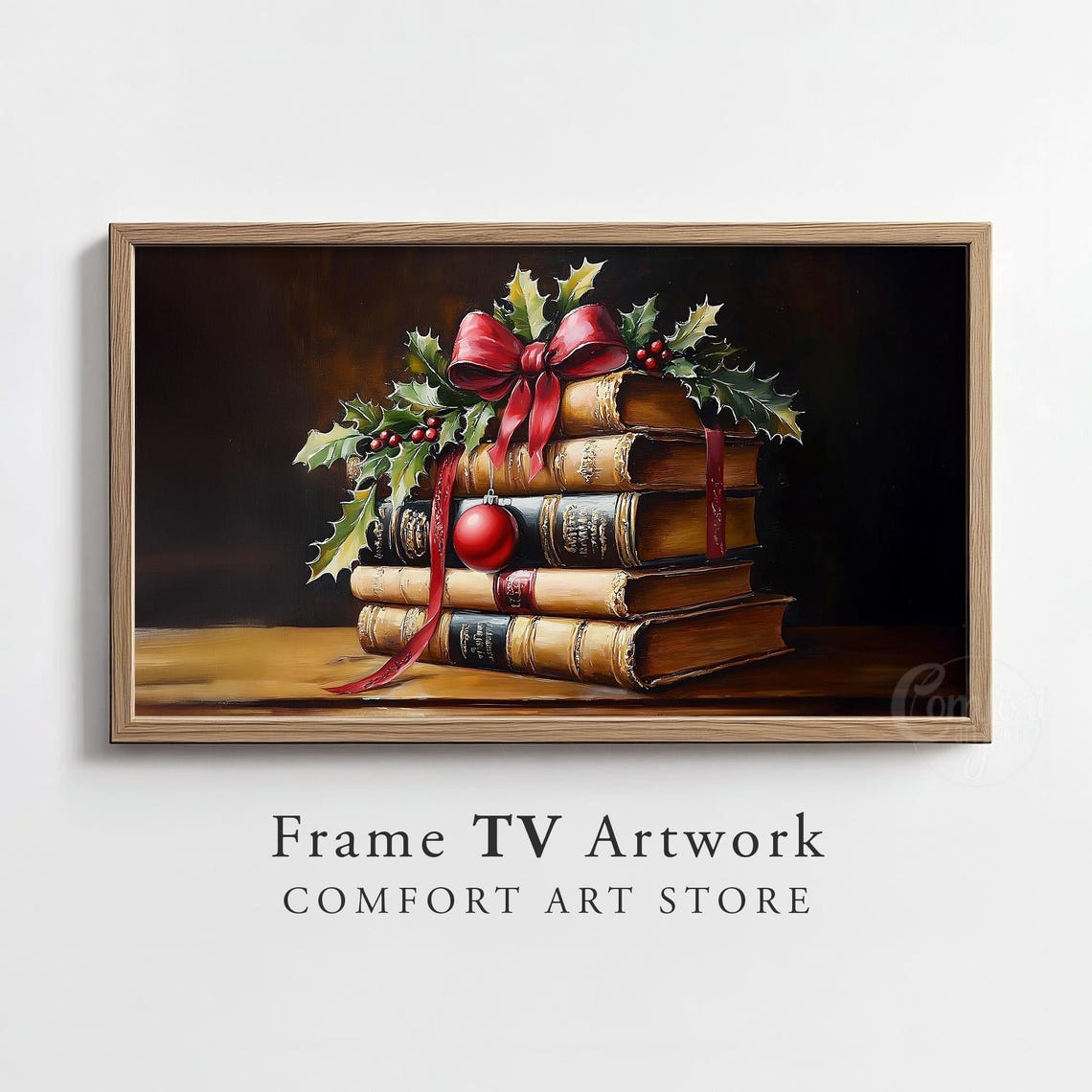 Antique Book Stack With Red Bow Holly and Christmas Ornament Poster