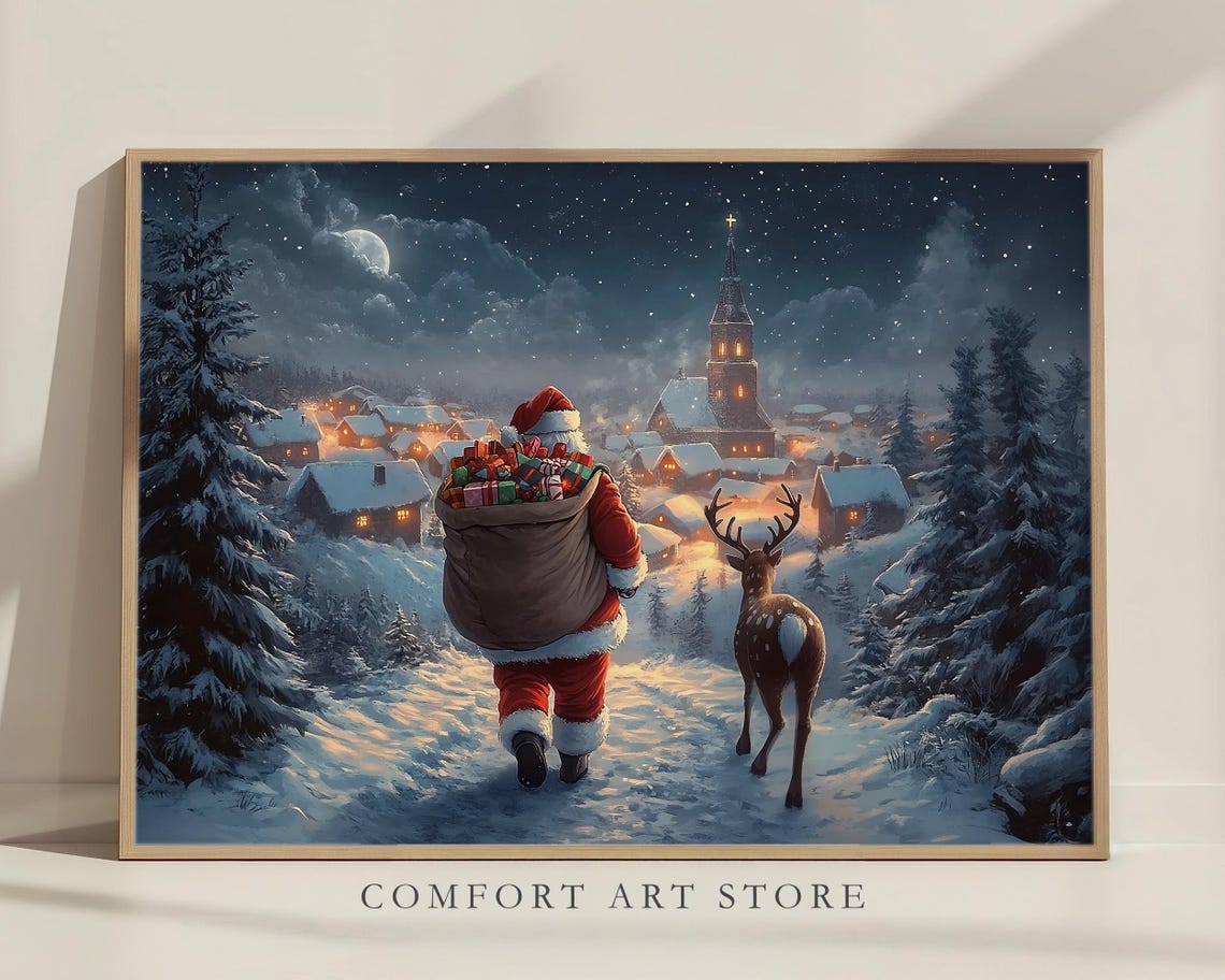 Christmas Wall Art Santa Claus Reindeer Print Dark Academia Winter Village Scene Snowy Holiday Decor Vintage Christmas Painting - Image 5