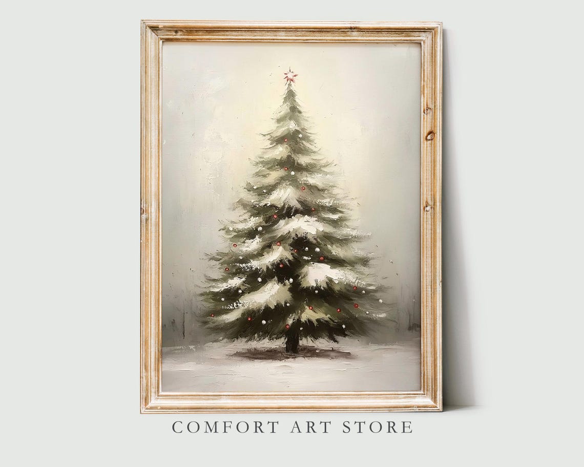 Vintage Snowy Christmas Tree With Red Berries And Gold Star Wall Art