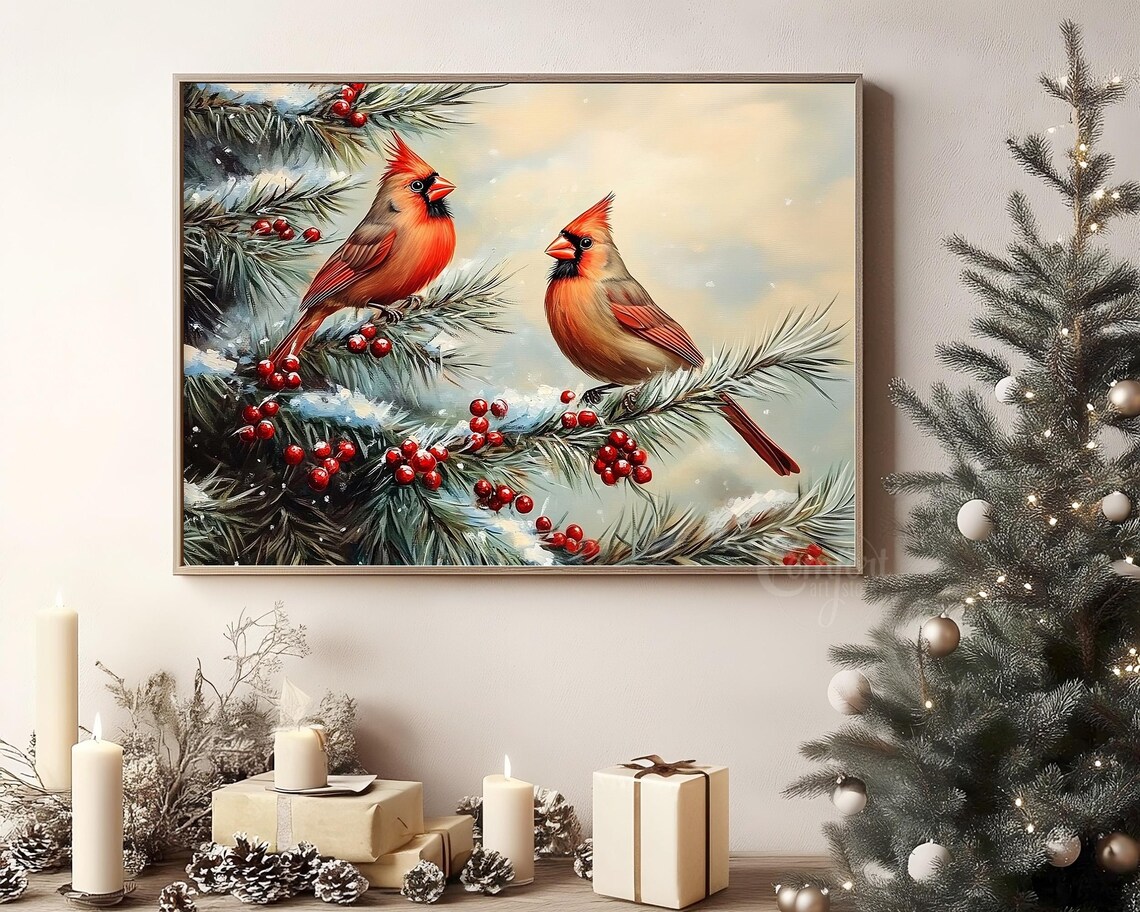 Pair of Red Cardinals on Snowy Pine Branch Winter Bird Wall Art - Image 8