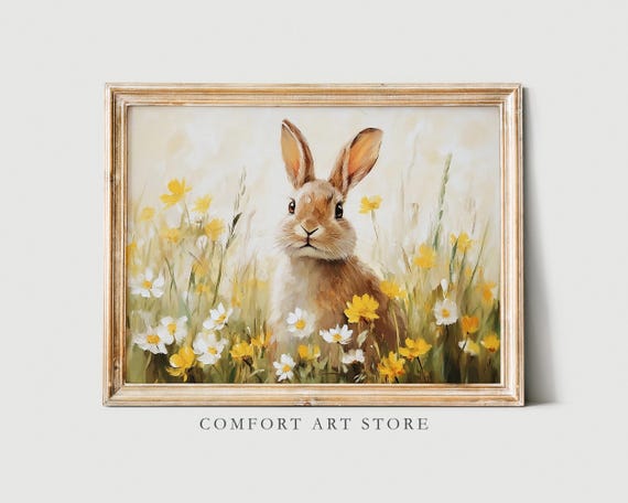 Easter Bunny Print Cute Easter Rabbit Neutral Spring Wildflower Bunny Nursery Easter Wall Art Easter Vintage Animal Rabbit Decor